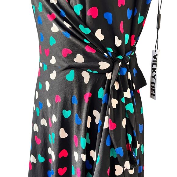 New* Wrap Dress Size Medium Black Pink Green Hearts Fit & Flare Colorful READ - Picture 5 of 16